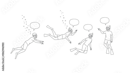 A line art illustration of several people snorkeling and communicating with speech bubbles
