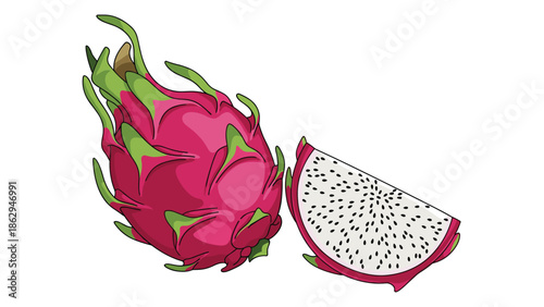 Whole pink dragon fruit or pitaya with green scales standing next to a slice showing the white flesh speckled with tiny black seeds on white.