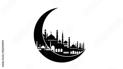 Mosque silhouette with black crescent moon vector illustration