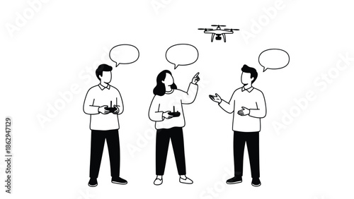 Three individuals in a meeting discussing drone technology and control with remote controllers.