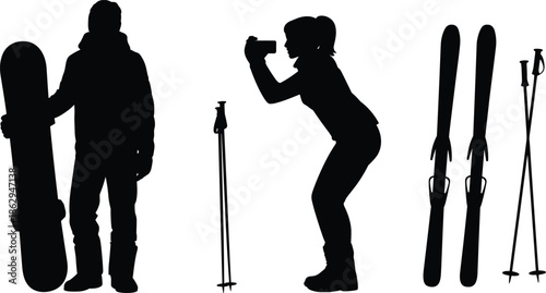 Winter sports silhouettes snowboarder skier taking photo ski equipment snow activity illustration isolated on white background outdoor adventure vector design