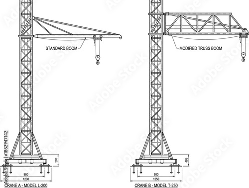 Tower crane technical drawing comparison showing standard boom and modified truss boom designs, construction lifting equipment engineering line art illustration