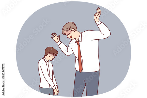 Angry boss yells at little subordinate, reprimanding him for making mistake or violating plan. Drool flying from mouth of angry boss scolding employee and showing hatred and lack of professionalism