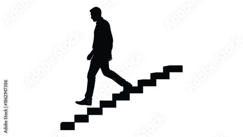 Silhouette of a man ascending a staircase representing progress and ambition