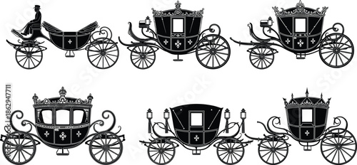 Horse carriage silhouette, vintage transport, ornate design, fantasy cart, royal wheels, black and white, vector art, historical vehicle, elegant style