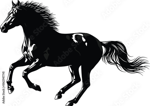 Horse, galloping, running, motion, silhouette, black, white, mane, tail, dynamic, speed, power, animal, graceful, glossy, movement, posture, wild, energy, illustration - flavector