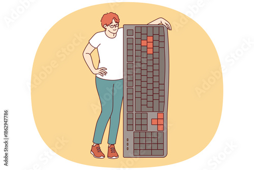 Woman is holding large computer keyboard, encouraging you to become freelancer and work remotely. Girl leans on keyboard to type articles for online magazines or email messages for colleagues.