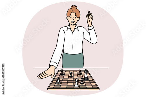 Business woman stands near chessboard, talking about importance of strategic planning and personnel skills. Chess pawn in hands of strategically thinking businesslady planning development of company