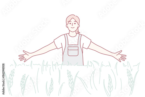 Farmers embrace harvest, Agricultural worker in fields smiling, Portrait of smiling farmer among golden wheat stalks, Rural lifestyle shot capturing farmer joyful in lush wheat fields under sunlight