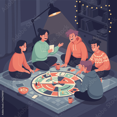 Group playing board game on floor at night