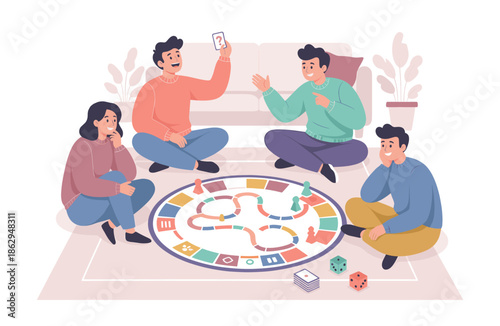 Friends playing board game with dice and cards