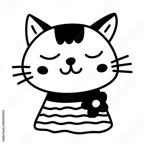 Cute smiling cat kitten. Doodle cartoon hand drawn childish vector outline illustration isolated on white background. Contour art. Black color. Portrait