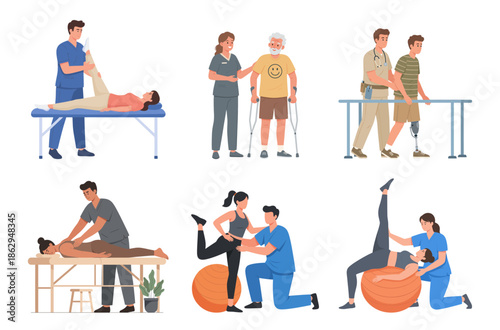 Set of Physical therapy sessions with patients and therapists