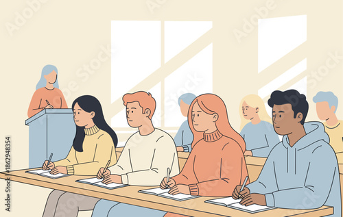 Students taking notes in classroom with teacher at podium