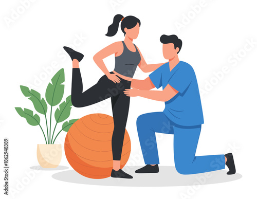 Male therapist guiding patient's leg stretch on exercise ball