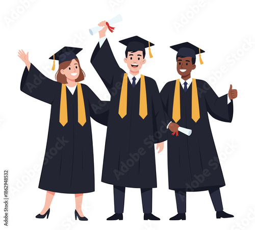 Diverse graduates posing with diplomas and smiling