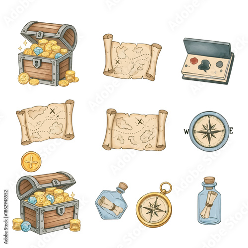 A vector illustration showing a set of vintage retro luggage bags and suitcases for travel and journey