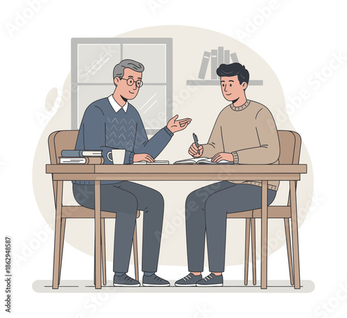 Mentor guiding student at desk with books and coffee