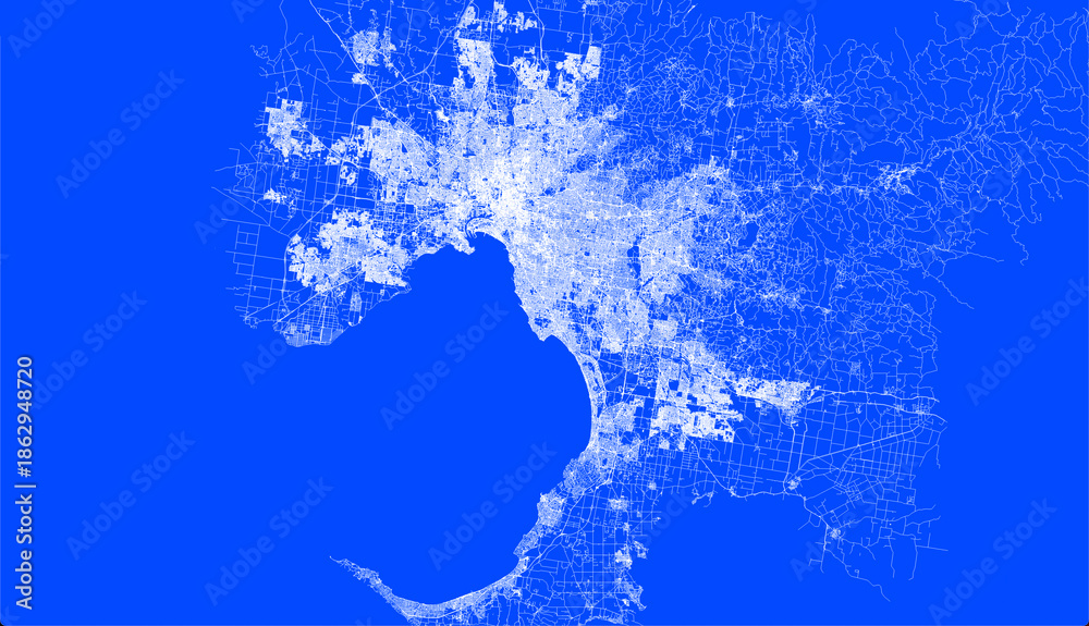 Obraz premium Blueprint map of Melbourne city showing road network and urban layout in detailed technical style