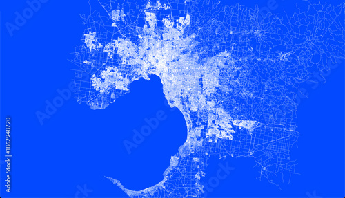 Blueprint map of Melbourne city showing road network and urban layout in detailed technical style
