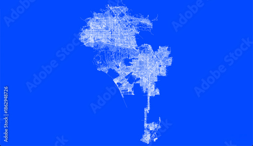Blueprint map of Los Angeles city showing road network and urban layout in minimalist white-on-blue style