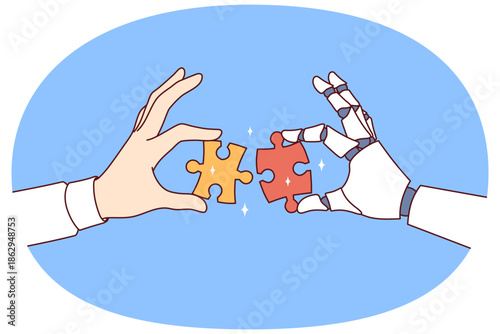 Collaboration between robot and human performing same task and holding different pieces of puzzle in hands. Synergy of robot with artificial intelligence and businessman to perform business tasks