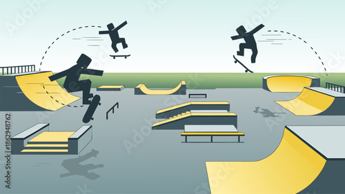 Skateboarders Performing Tricks at Skate Park