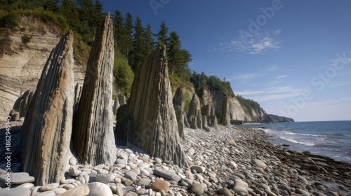 Coastal rock formations on pebble beach