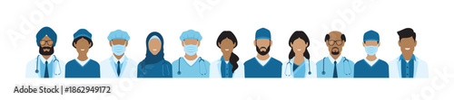 Indian medical professional team with diverse religious and cultural backgrounds. Featuring Sikh, Muslim, and Hindu doctors, surgeons, pharmacists, paramedics, nurses, and lab assistants
