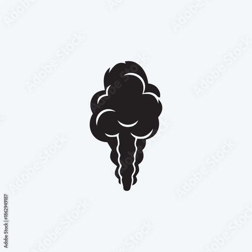 Minimalist black smoke cloud or steam puff icon isolated on a light background, representing pollution, exhaust, or a comic-style explosion effect.