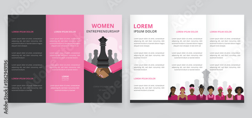 Trifold brochure template for Black women entrepreneurship. Featuring group of African or Afro American women, handshake and chess arrangement of pawns led by a queen symbolizing strategic leadership
