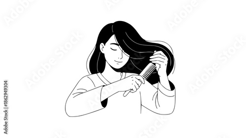 Minimalist vector illustration of a woman calmly combing her hair, self-care and mental wellness concept, soft shapes, neutral tones, flat design, clean background