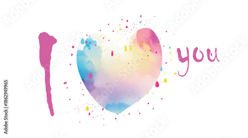 I love you slogan, Graffiti heart watercolor, One continuous drawing of heart and watercolor shape love sign. Thin flourish and romantic symbols in simple linear style.eps