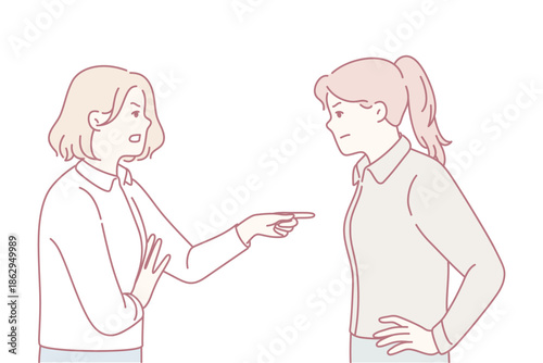 Intense indoor disagreement scene, Heated argument with raised voices and defensive postures indoors, Tense exchange between two people involving finger pointing and emotional conflict indoors