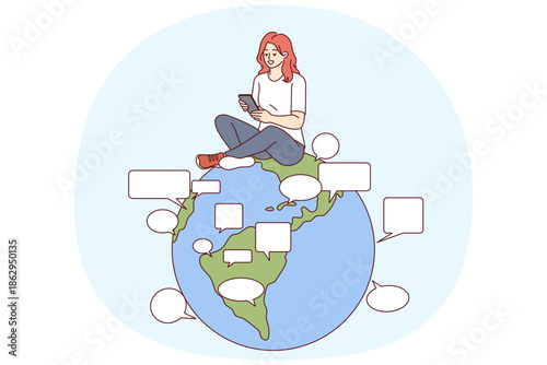 Woman uses online translator in mobile phone to communicate in different languages, sitting on globe. Translator function built into smartphone allows you to chat with people from all over planet