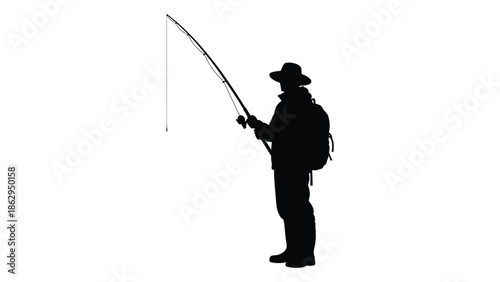 Silhouette of a fisherman standing with a fishing rod against white background