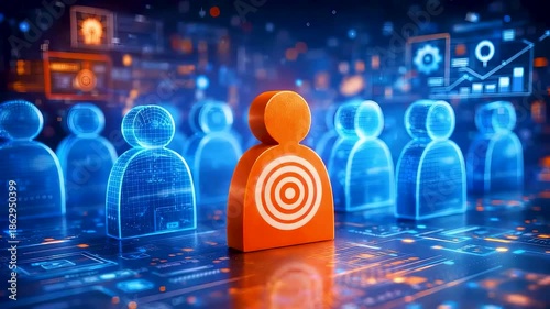 Digital audience targeting concept with highlighted individual among virtual people network showing customer focus data driven marketing strategy