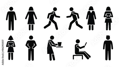 Simple black silhouette figures depicting various human poses and activities