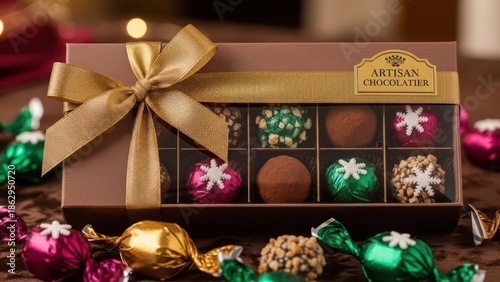 Artisan chocolatier gift box with holiday decorations