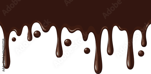 Chocolate drip border isolated on white background, glossy melted cocoa sauce with drops, dessert topping illustration for bakery designs