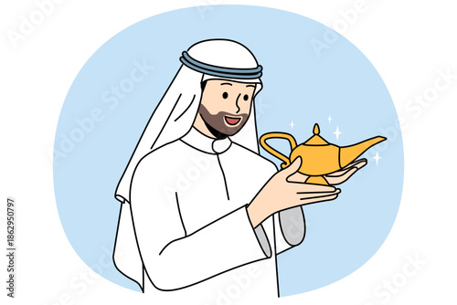 Arab man with aladdin lamp in hands makes wish, wanting to call genie or wizard to help. Guy in islamic clothing holds golden antique jug, similar to vessel from fairy tale about aladdin
