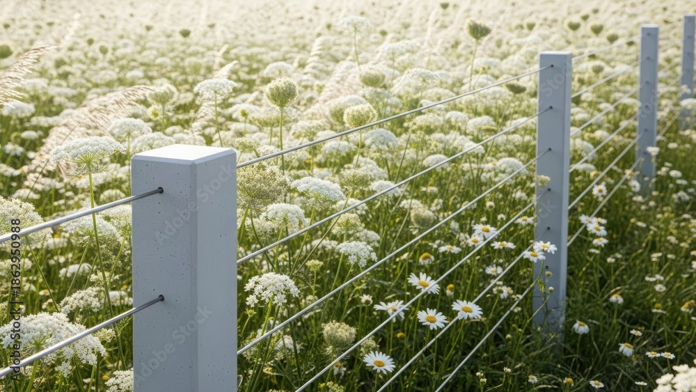 Fototapeta premium Fencing with metal wiring in a lush green field filled with white wildflowers. Natural outdoor setting with agricultural or garden boundary.