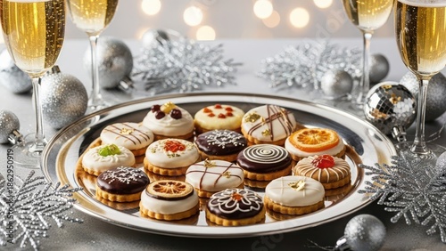 Holiday dessert platter with champagne