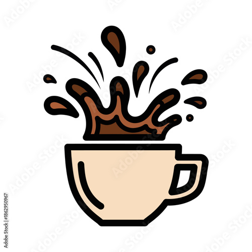 Coffee Splash Icon: Dynamic Brown Liquid Exploding from a Cream Cup