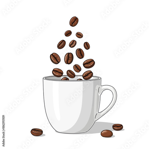 Fresh Coffee Beans Pouring Into White Cup, Isolated on White Background