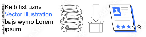 Business, online transactions, financial services, e-commerce, packaging, customer evaluation. Stacked coins, an open box and a profile document with a star rating. Business and financial services