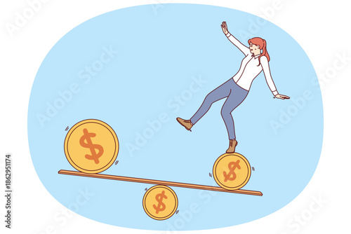 Lack of financial stability causes trouble for business woman who is forced to balance on swing made of coins. Concept of financial performance fluctuations and stock market volatility