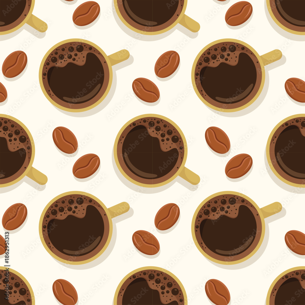 Obraz premium Seamless flat lay pattern with cups and coffee beans. Cafe vector illustration.