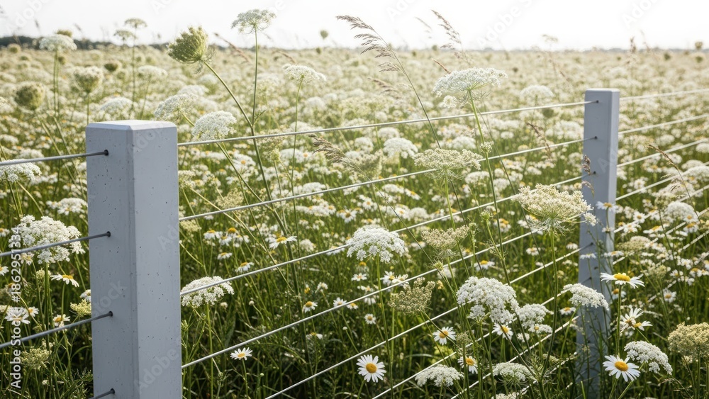 Fototapeta premium Meadow field with cow parsley and daisy flower. Beautiful rural landscape with concrete fence post and wire for nature or spring concept background.