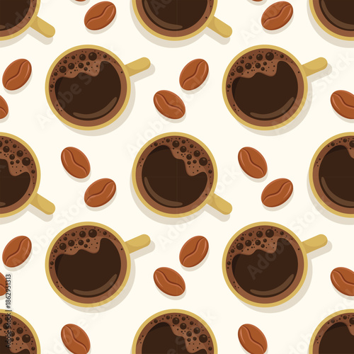 Seamless flat lay pattern with cups and coffee beans. Cafe vector illustration.